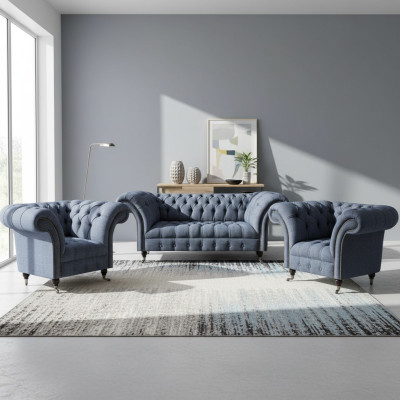 Chesterfield set Grigio imbottito Sedili 2 poltrone a braccioli Divano a tre posti