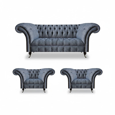 Chesterfield set Grigio imbottito Sedili 2 poltrone a braccioli Divano a tre posti