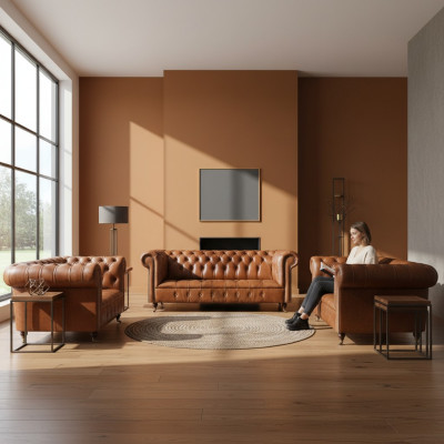 Divani in pelle Chesterfield marrone, design, 3 pezzi, arredamento salotto.