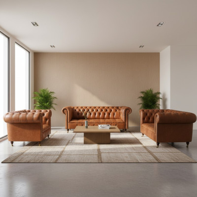 Divani in pelle Chesterfield marrone, design, 3 pezzi, arredamento salotto.