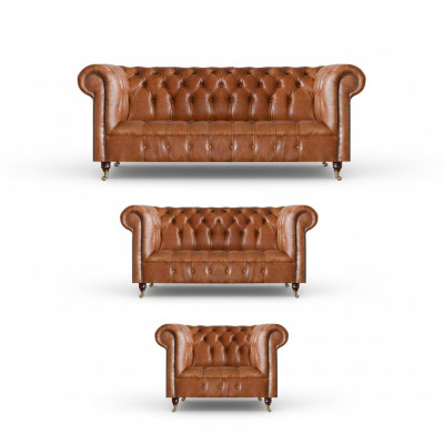 Divani in pelle Chesterfield marrone, design, 3 pezzi, arredamento salotto.