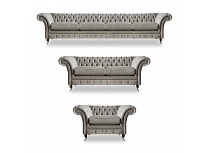 Chesterfield divani in tessuto grigio chiaro set salotto arredamento soggiorno imbottiti.