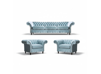 Chesterfield imbottito mobili seduta Blaue divano Set 3 posti 2 poltrone