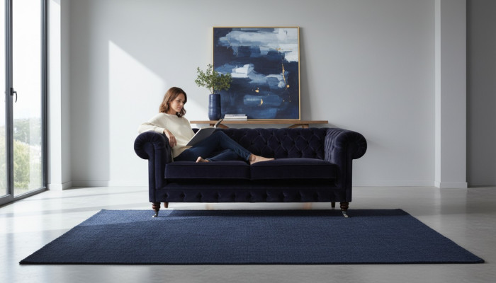 Divano Chesterfield in due posti blu scuro per il salotto in tessuto di pregio