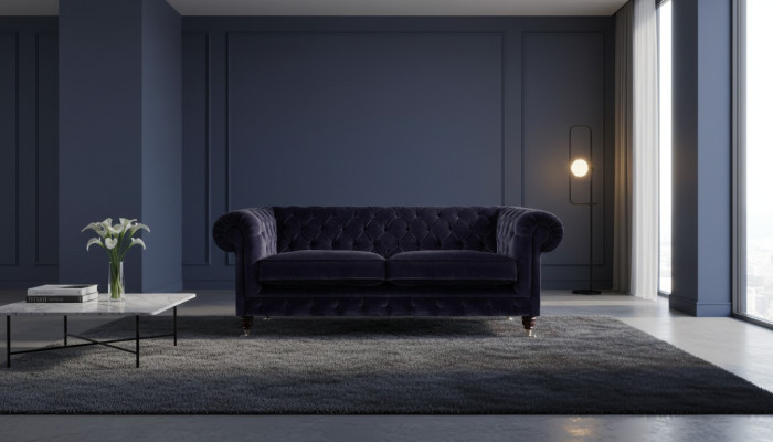 Divano Chesterfield in due posti blu scuro per il salotto in tessuto di pregio