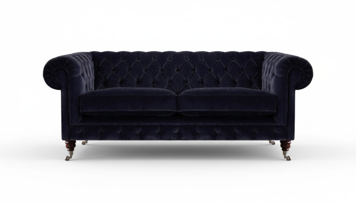 Divano Chesterfield in due posti blu scuro per il salotto in tessuto di pregio