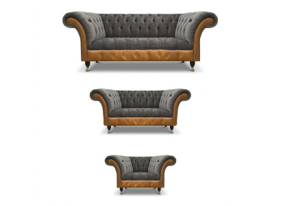 Grigio-marrone divani in tessuto Chesterfield, mobili imbottiti per il soggiorno di design.