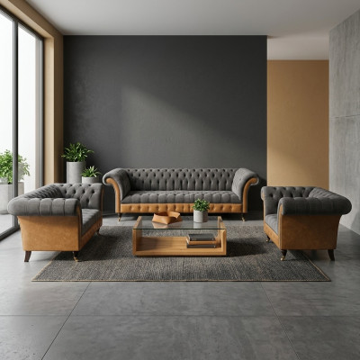 Gruppo salotto Chesterfield marrone-grigi poltrone in tessuto divani 3 pezzi