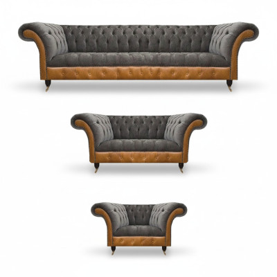 Gruppo salotto Chesterfield marrone-grigi poltrone in tessuto divani 3 pezzi