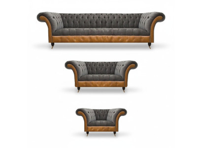 Gruppo salotto Chesterfield marrone-grigi poltrone in tessuto divani 3 pezzi
