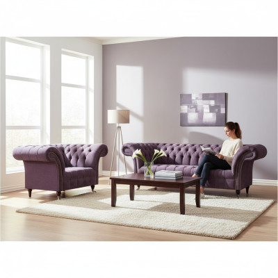  Chesterfield Viola Set da divano soggiorno Sofisticato 3 posti in tessuto Poltrona