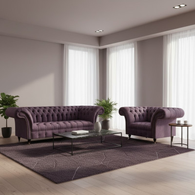  Chesterfield Viola Set da divano soggiorno Sofisticato 3 posti in tessuto Poltrona