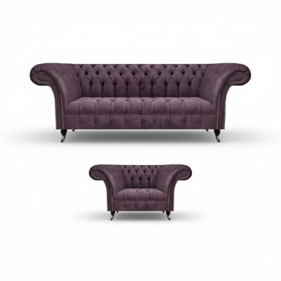  Chesterfield Viola Set da divano soggiorno Sofisticato 3 posti in tessuto Poltrona
