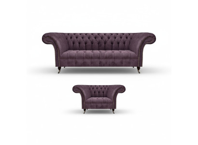  Chesterfield Viola Set da divano soggiorno Sofisticato 3 posti in tessuto Poltrona