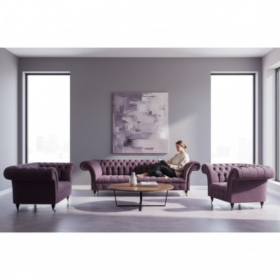 Chesterfield divani in tessuto lilla, divani imbottiti di design 3 pezzi.