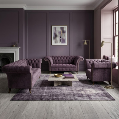 Chesterfield divani in tessuto lilla, divani imbottiti di design 3 pezzi.