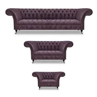 Chesterfield divani in tessuto lilla, divani imbottiti di design 3 pezzi.