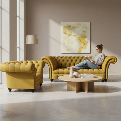 Soggiorno moderno di design Giallo Set divano 2x Chesterfield