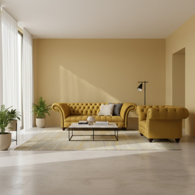 Soggiorno moderno di design Giallo Set divano 2x Chesterfield
