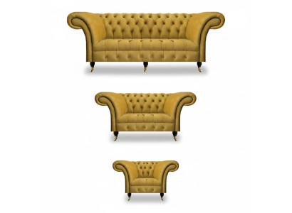 Nobile divano Chesterfield giallo in tessuto composto da 3 pezzi.