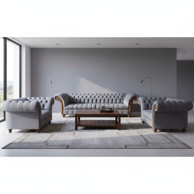 Chesterfield Set di divani imbottiti grigi chiaro in tessuto designer 3 pezzi.