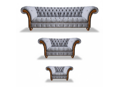 Chesterfield Set di divani imbottiti grigi chiaro in tessuto designer 3 pezzi.