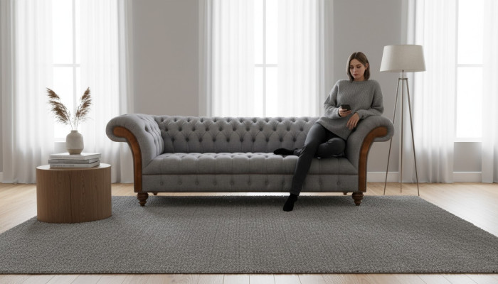 Divano Chesterfield imbottito grigio chiaro 4 posti design soggiorno.