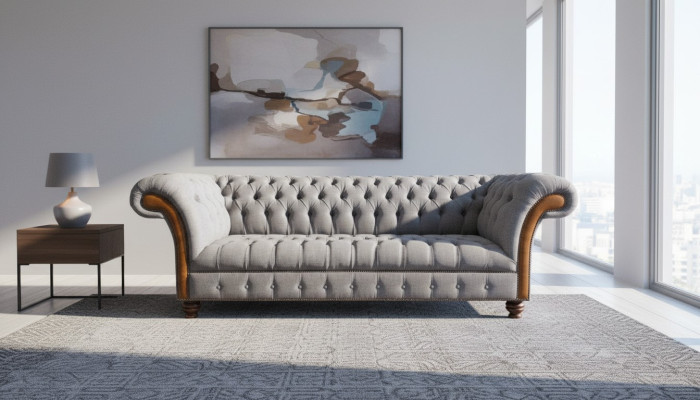 Divano Chesterfield imbottito grigio chiaro 4 posti design soggiorno.