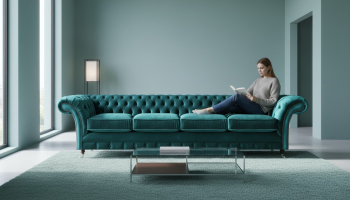 Elegante divano imbottito Chesterfield verde moderno a quattro posti. Divano in tessuto.