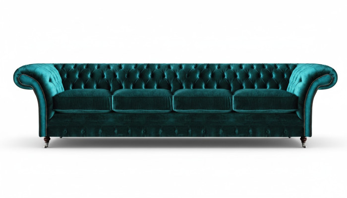 Elegante divano imbottito Chesterfield verde moderno a quattro posti. Divano in tessuto.