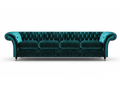 Elegante divano imbottito Chesterfield verde moderno a quattro posti. Divano in tessuto.