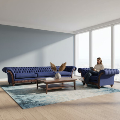 Blu Chesterfield mobili imbottiti Designer divano a 3 posti poltrona in tessuto 2pz