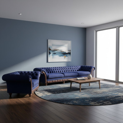 Blu Chesterfield mobili imbottiti Designer divano a 3 posti poltrona in tessuto 2pz