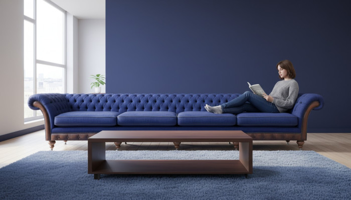 Sofà Chesterfield blu a quattro posti per il soggiorno, mobili imbottiti esclusivi