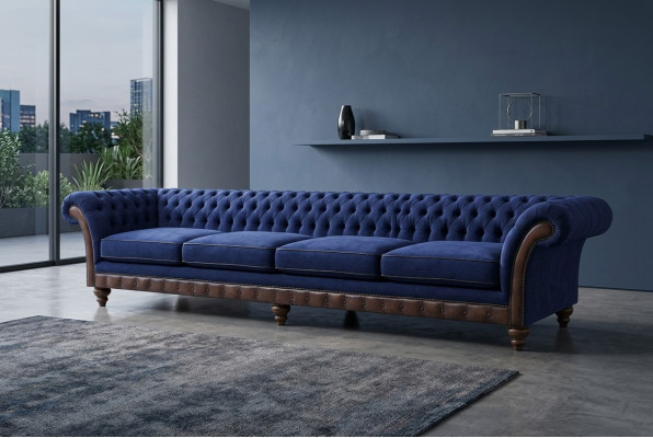 Sofà Chesterfield blu a quattro posti per il soggiorno, mobili imbottiti esclusivi