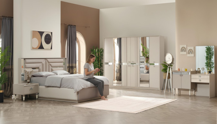 Camera da letto completa 5 pezzi letto 2 comodini armadio toeletta legno