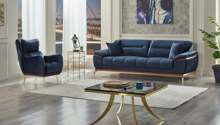 Set di divani completo 3+1 posti soggiorno tessuto blu moderno mobili imbottiti
