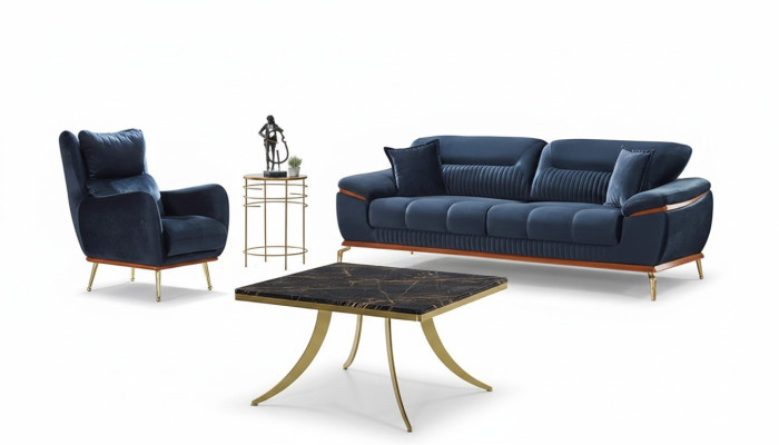 Set di divani completo 3+1 posti soggiorno tessuto blu moderno mobili imbottiti