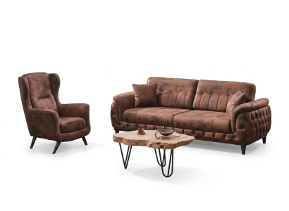 Divano a tre posti marrone con poltrona design per soggiorno