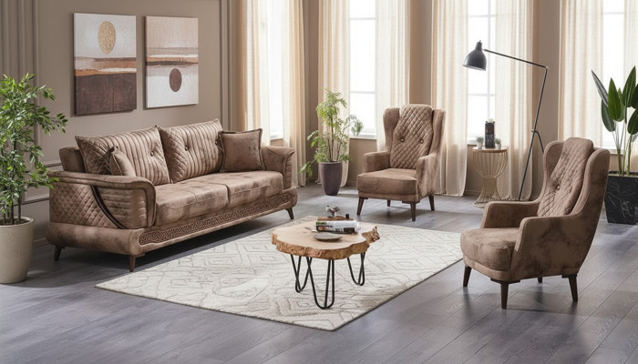 Set di divani di lusso in tessuto beige 3 pezzi