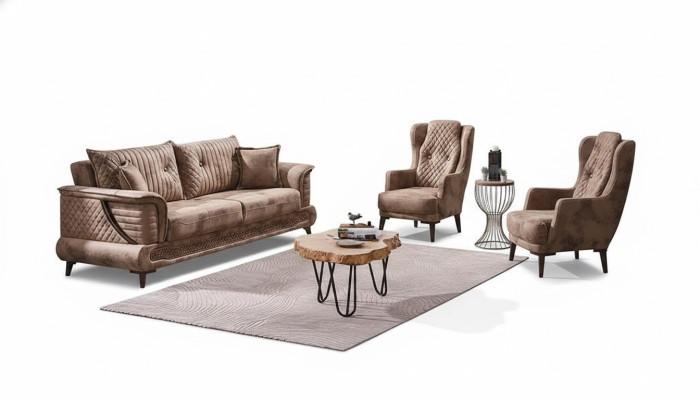 Set di divani di lusso in tessuto beige 3 pezzi