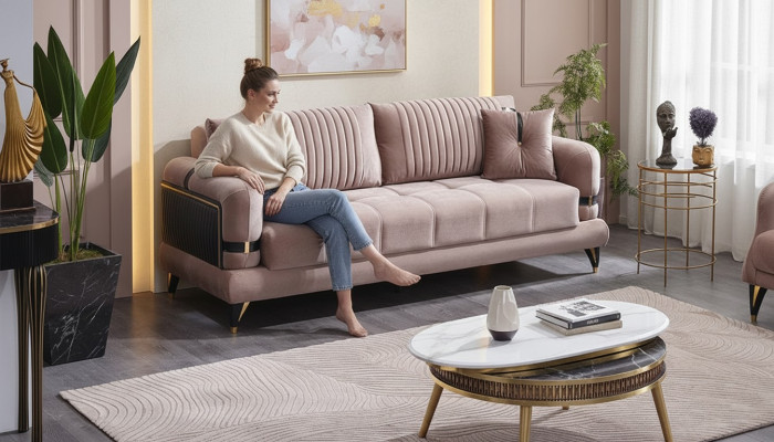 Divano 3 posti in tessuto beige moderno per soggiorno lusso mobili imbottiti