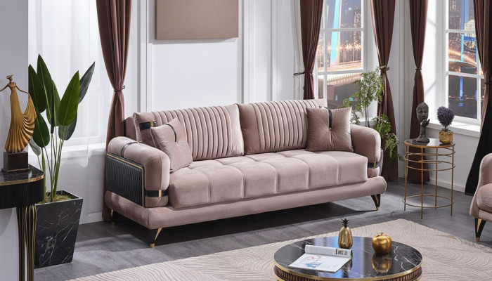 Divano 3 posti in tessuto beige moderno per soggiorno lusso mobili imbottiti