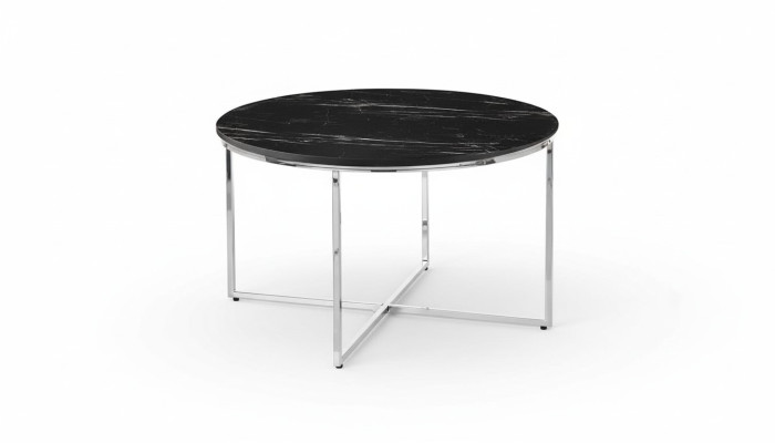 Tavolino rotondo per il soggiorno Nero MDF + Gambe X in metallo nuovo di lusso.   Tavolino rotondo per il soggiorno nero in MDF + gambe X in metallo di lusso.