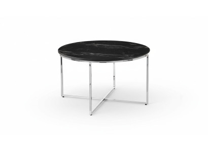 Tavolino rotondo per il soggiorno Nero MDF + Gambe X in metallo nuovo di lusso.   Tavolino rotondo per il soggiorno nero in MDF + gambe X in metallo di lusso.
