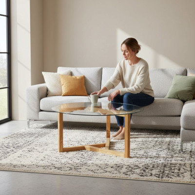 Tavolino in vetro con gambe in legno per soggiorno, mobili moderni e minimalisti.