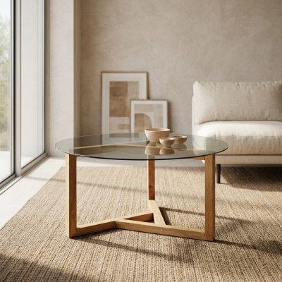Tavolino in vetro con gambe in legno per soggiorno, mobili moderni e minimalisti.