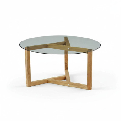 Tavolino in vetro con gambe in legno per soggiorno, mobili moderni e minimalisti.