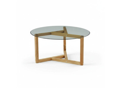 Tavolino in vetro con gambe in legno per soggiorno, mobili moderni e minimalisti.