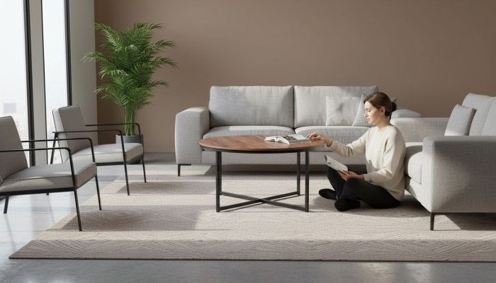 Tavolino da salotto marrone con piano in vetro arredamento moderno e di lusso.   Tavolino da salotto marrone con piano in vetro, arredamento moderno e di lusso.
